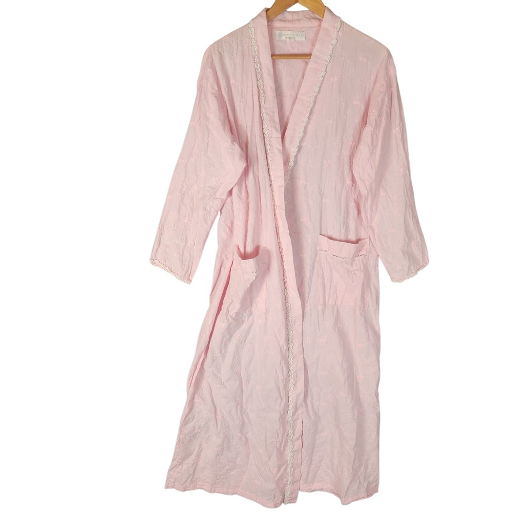 Eileen West Robe S/M Pink Cotton Embroidered Eyelet Lace Trim Long Sleeve Midi